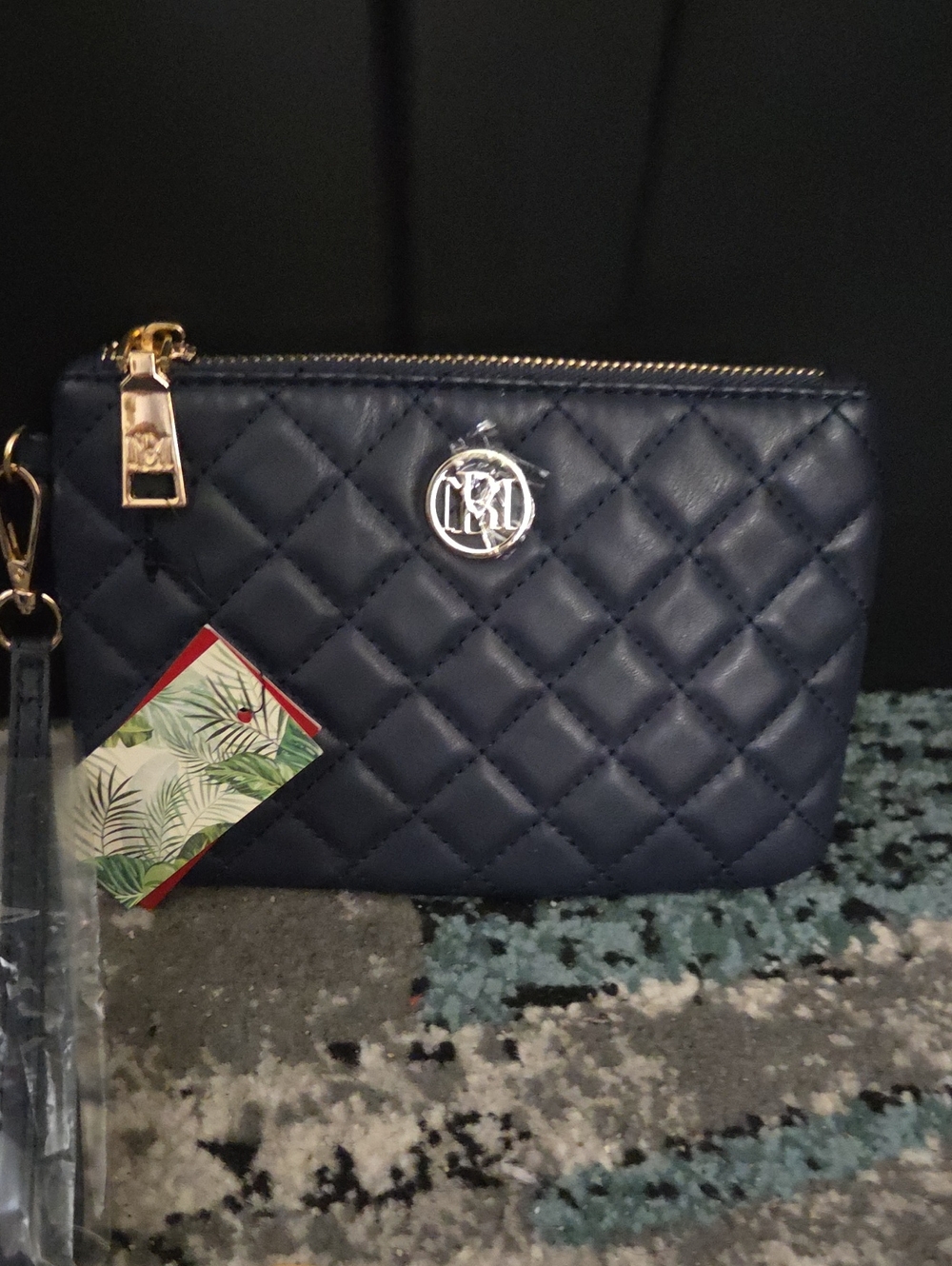 Badgley Mischka Quilted Navy Wristlet with Gold Accents